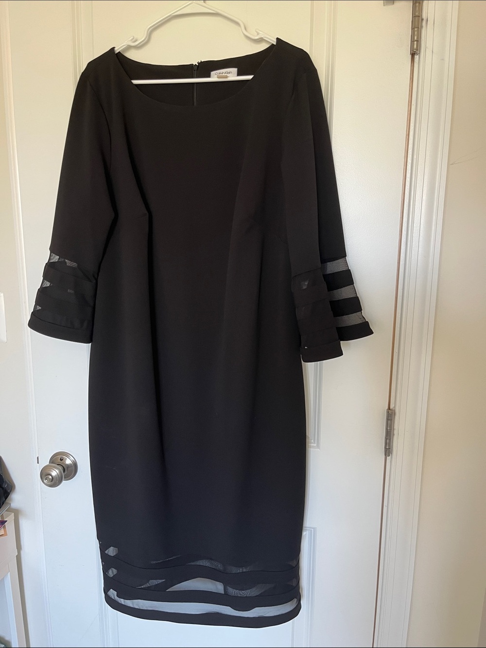 Calvin Klein Black Midi Sheath Dress with Sheer Stripe Accents